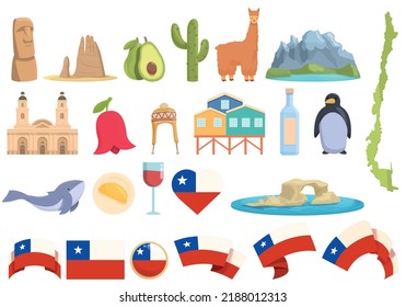 Chile Icons Set Cartoon Vector. Map Adventure. Alpaca Travel