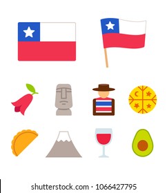 Chile icons set in flat cartoon style. Traditional Chilean culture symbols, isolated vector illustration.
