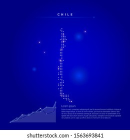Chile illuminated map with glowing dots. Infographics elements. Dark blue space background. Vector illustration. Growing chart, lorem ipsum text.