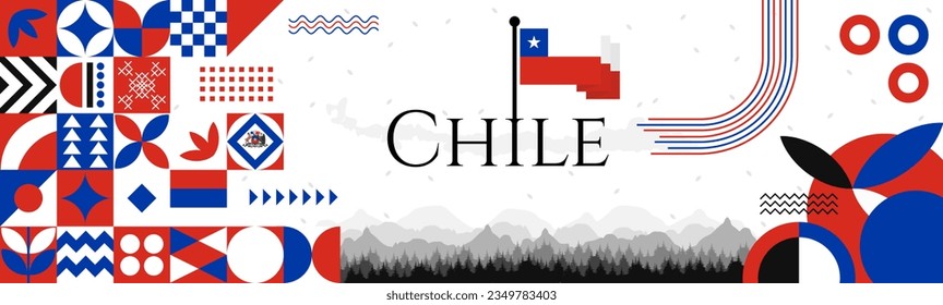 The Chile Independence Day abstract banner design with flag and map. Flag color theme geometric pattern retro modern Illustration design. Red, blue and white color template.