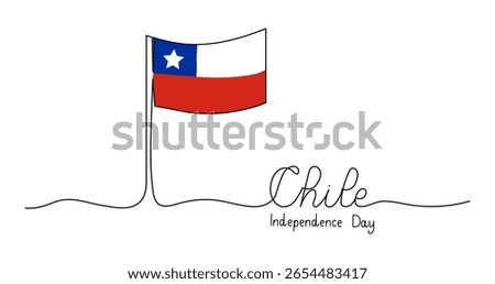 Chile Independence Day banner template. Editable stroke hand drawn lettering. One continuous line art background with flag. Outline drawing with typography for poster card