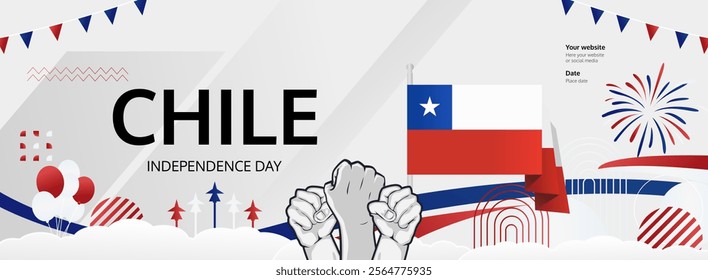 Chile Independence Day greeting banner. September 18th is celebrated as Chile National Day annually. Abstract template with flag and raised fist. Holidays illustration concept.