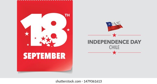 Chile independence day greeting card, banner, vector illustration. Chilean national day 18th of September background with elements of flag in a creative horizontal design 