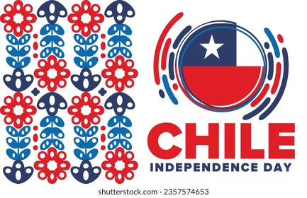 Día de la Independencia de Chile. Feliz feriado nacional. Día de la Libertad. Celebrar anualmente el 18 de setiembre. Bandera de Chile. Diseño chileno patriótico. Cartel, tarjeta, pancarta, plantilla, fondo. Vector