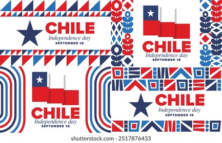 Dia da Independência do Chile. Feliz feriado nacional. Dia da Liberdade. Comemore anualmente em 18 de setembro. Bandeira do Chile. Design chileno patriótico. Cartaz, cartão, faixa, modelo, fundo. Vetor