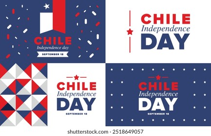 Dia da Independência do Chile. Feliz feriado nacional. Dia da Liberdade. Comemore anualmente em 18 de setembro. Bandeira do Chile. Design chileno patriótico. Cartaz, cartão, faixa, modelo, fundo. Vetor