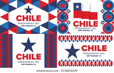 Dia da Independência do Chile. Feliz feriado nacional. Dia da Liberdade. Comemore anualmente em 18 de setembro. Bandeira do Chile. Design chileno patriótico. Cartaz, cartão, faixa, modelo, fundo. Vetor