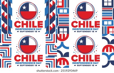 Dia da Independência do Chile. Feliz feriado nacional. Dia da Liberdade. Comemore anualmente em 18 de setembro. Bandeira do Chile. Design chileno patriótico. Cartaz, cartão, faixa, modelo, fundo. Vetor