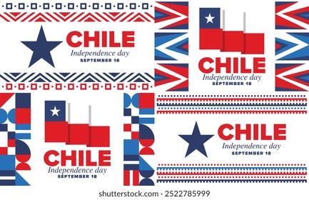 Dia da Independência do Chile. Feliz feriado nacional. Dia da Liberdade. Comemore anualmente em 18 de setembro. Bandeira do Chile. Design chileno patriótico. Cartaz, cartão, faixa, modelo, fundo. Vetor