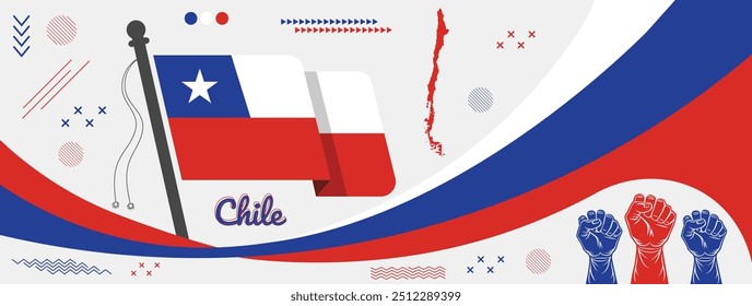 Chile Independence day. Chile National day banner with abstract shapes. Chile flag. Red blue triangles with raised hands or fists.