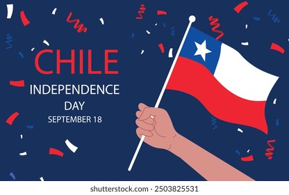 Chile Independence Day. September 18. Happy national holiday Fiestas Patrias. A hand holds a Chile flag.  Poster, card, banner, template, background. 