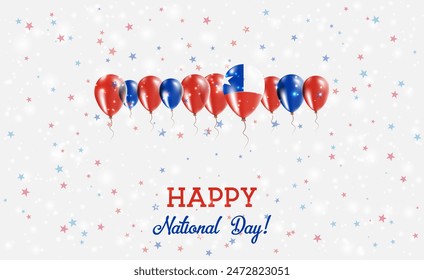Chile Independence Day Sparkling Patriotic Poster. Row of Balloons in Colors of the Chilean Flag. Greeting Card with National Flags, Confetti and Stars.