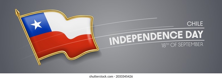 Chile independence day vector banner, greeting card. Chilean wavy flag in 18th of September patriotic holiday horizontal design with realistic badge