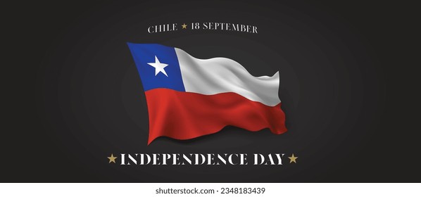 Chile independence day vector banner, greeting card. Chilean wavy flag in 18th of September patriotic holiday horizontal design with realistic flag