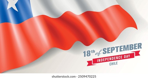 Chile independence day vector banner, greeting card. Chilean wavy flag in 18th of September national patriotic holiday horizontal design