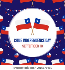 Chile Independence Day vector cartoon style greeting card, illustration with flags of Chile and decorative seamless pattern background. September 18.