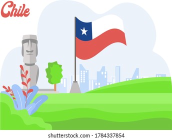 Chile Independence Day vector concept: Moai statue besides Chile national flag at the hills