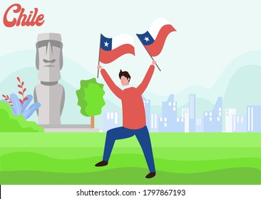 Chile Independence Day vector concept: man waving Chile national flag cheerfully near the Moai statue
