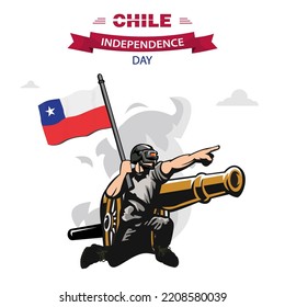 Chile Independence Day vector. Flat Design Patriotic soldier carrying Chile Flag.