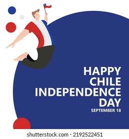 Chile independence day vector illustration with a man jumping and holding the national flag. South American country public holiday celebrated annually on September 18.