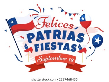 Chile: Vector del Día de la Independencia Ilustración de Fiestas Patrias con bandera ondeando en plancha de caricatura con plantillas dibujadas