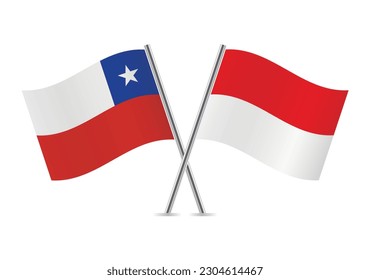 Chile and Indonesia crossed flags. Chilean and Indonesian flags on white background. Vector icon set. Vector illustration.