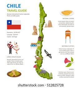 Chile infographics flat layout with border map and travel guide page text elements and symbols vector illustration