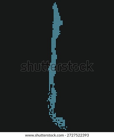 Chile Light Blue Dotted Map on Black Background for Astronomical Data and Space Hubs. Map of Chile in dotted style.