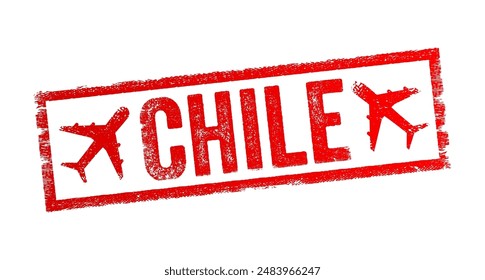 Chile is a long, narrow country stretching along South America's western edge, text emblem stamp with airplane. No AI generated content