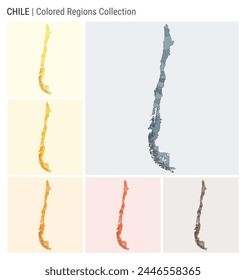 Colección de mapas de Chile. Forma de Country con regiones de color. Gris azul, amarillo, ámbar, naranja, naranja profundo, marrón paletas de color. Frontera de Chile con provincias para su infografía. Ilustración vectorial.