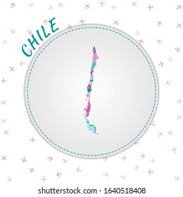 Chile map design. Map of the country with regions in emerald-amethyst color palette. Rounded travel to Chile poster with country name and airplanes background. Elegant vector illustration.