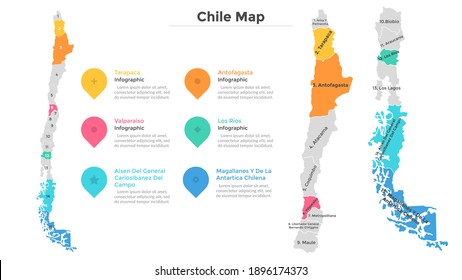 Chile map divided into federal states. Territory of country with regional borders. Chilean administrative division. Infographic design template. Vector illustration for touristic guide, banner.