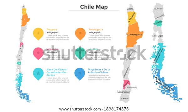 Chile map divided into federal states. Territory\
of country with regional borders. Chilean administrative division.\
Infographic design template. Vector illustration for touristic\
guide, banner.