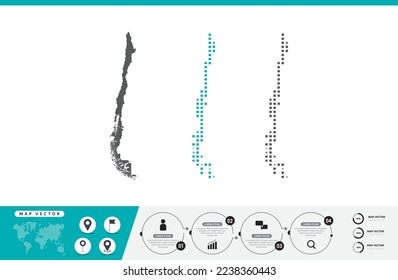 Mapa chileno de puntos grises y verdes para presentación. Establece el concepto creativo de un par de píxeles para infografía.