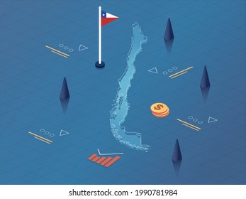 Chile Map, Flag and Currency Modern Isometric Business and Economy Vector Illustration Design