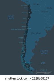 Mapa de Chile. Mapa detallado de Chile con países, fronteras, ciudades, objetos de agua. Ilustración vectorial eps10.