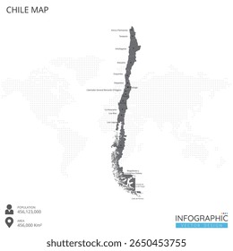 O mapa do Chile é altamente detalhado com as regiões e cidades do país sobre fundo branco. Ilustração vetorial EPS10.