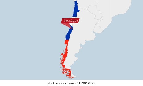 Chile map highlighted in Chile flag colors and pin of country capital Santiago, map with neighboring American countries.