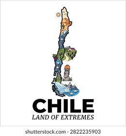 Chile map illustration outlining diverse landscapes from desert to glaciers, including Moai and vineyards