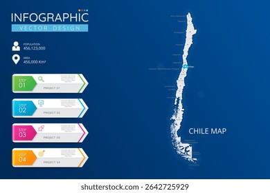 Mapa do Chile com marcas de localização. Mapa de país altamente detalhado com divisão, cidades e capital modelo infográfico. Ilustração vetorial EPS10
