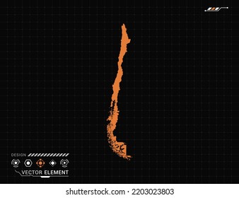 Mapa de Chile del marco digital naranja HUD, GUI, interfaz de interfaz de usuario vector de radar.