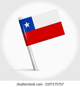 Chile map pin flag icon. Chilean pennant map marker on a metal needle. 3D realistic vector illustration.