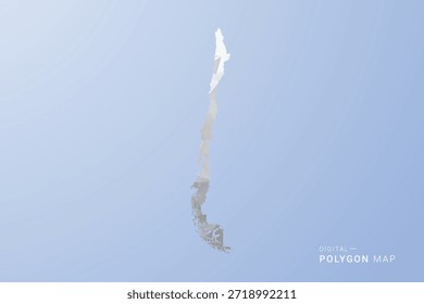 Mapa do Chile - ilustração vetorial estilo polígono em tons de cinza, branco e azul, design geométrico baixo-poli, silhueta mínima, adequado para design infográfico e moderno.