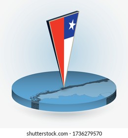 Chile map in round isometric style with triangular 3D flag of Chile, vector map in blue color. 