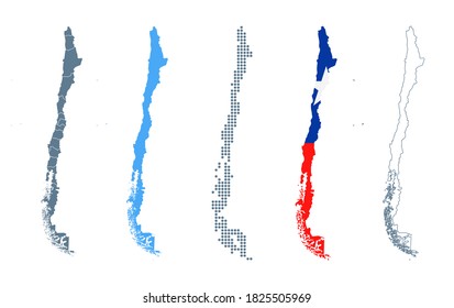 Chile Map Set - Vector Solid, Contour, Regions, Flag, Pixels