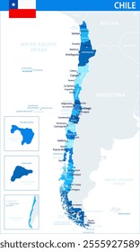 Chile Map Vector Blue Spot - Customizable layered political map of Chile with administrative divisions for website, education, reports, news, politics, print, poster and wallpaper