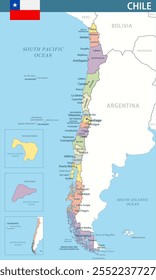 Chile Map Vetor New 2024 Colorful - Personalizável mapa político em camadas do Chile com divisões administrativas para site, educação, relatórios, notícias, política, impressão, cartaz e papel de parede