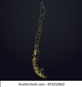 Chile map vector. Chile region map: golden gradient outline on dark background. Detailed map of Chile regions. Vector illustration.