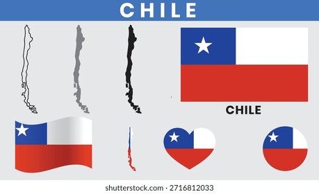 Vetor do mapa do Chile com regiões e bandeira nacional.