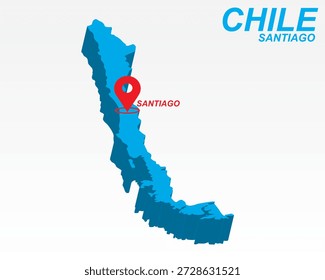 Chile Mapa Vetor, Santiago Capital Marcador da Cidade em Azul 3D País Forma, Chile Infográfico Design, Editável Destino Ponteiro Chile Geografia